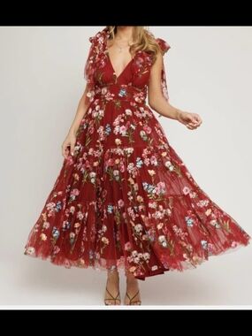 JessaKae Wine Red Floral V-Neck Maxi Dress